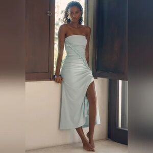 Anthropologie Strapless Light Blue Midi Dress with Side Ruched Detail